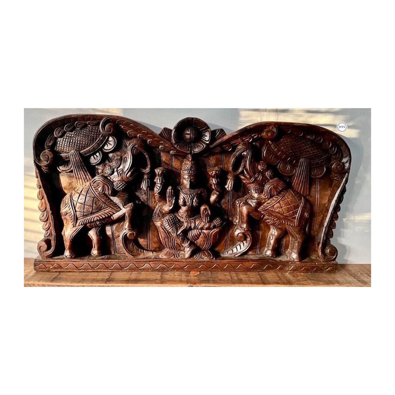 Woodcarved Gaja Lakshmi ,laxmi With Paired Elephants Panel.entrance Decor Wall .handmade