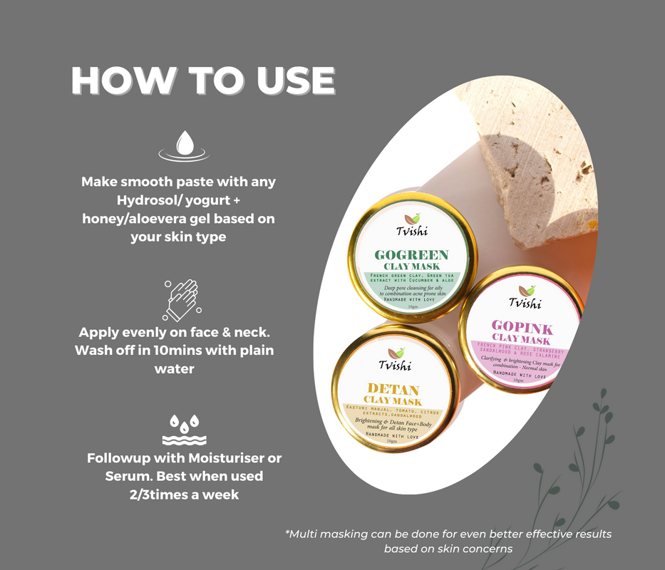 Trial Pack – Clay Mask - Go Green Clay Mask, Go Pink Clay Mask & Detan Clay Mask - Helps control, detox clogged pores, Helps nourish, smoothen & hydrate skin & highly effective at reducing pigmentation, dark spots and uneven skin tone